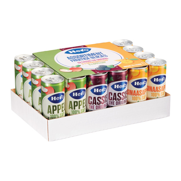 Hero assorti tray small blikjes 250 ml 8 x cassis, 8 x sinaasappel, 8 x appel