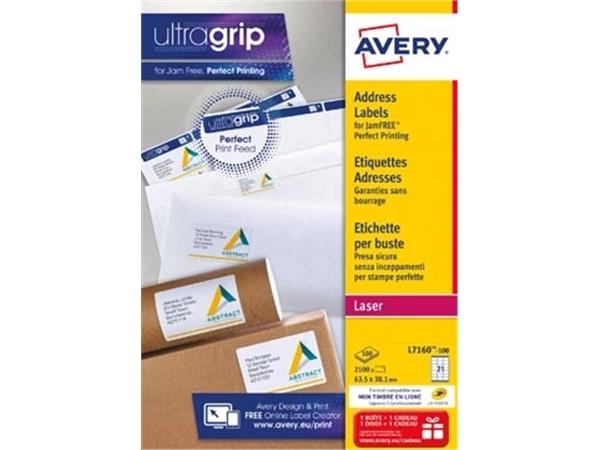 Avery L7160, Adresetiketten, Laser, Ultragrip, wit
